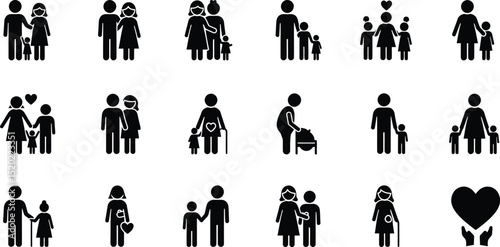 Family, relationship icon set. Vector glyph pictograms of couple, parent, child, elderly people, pregnancy, parenting, community, single mother, social care black silhouette illustration
