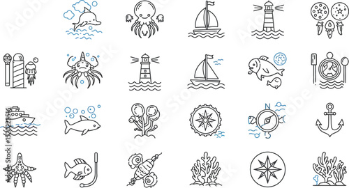 Marine Life, Nautical Elements line icon set. Vector pictograms of sea creatures, sailing, underwater exploration, sailboat, lighthouse, ship, anchor, compass, coral reef thin linear illustration.
