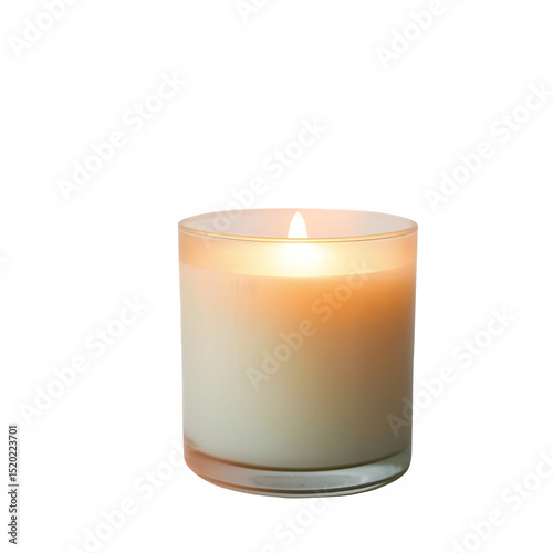 Long exposure photorealistic scented candle in frosted glass jar with natural wooden lid isolated on transparent background, soft warm light, spiritual vibe, textured surface, sharp focus


