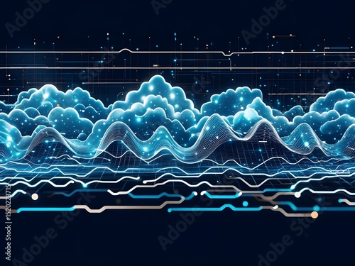 Futuristic digital landscape with glowing grids, cloud forms, and circuit patterns blending technology and nature.