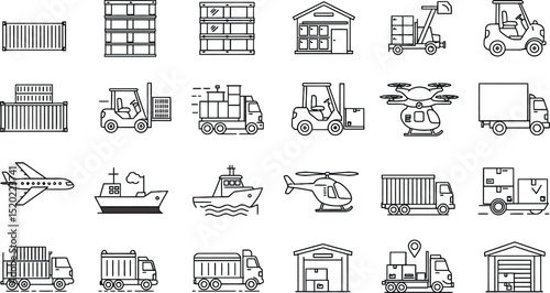 Commercial vehicles line icon set. Vector pictograms of container, pallet, forklift, plane, drone, helicopter, ship, train, cargo truck, warehouse, thin linear illustration, in black and white

