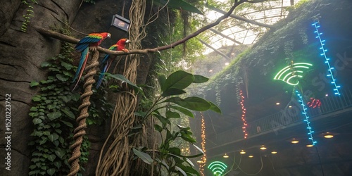 Bio-luminescent vines used as data cables in a jungle server temple, flora glowing in RGB tones, parrots translating Wi-Fi signals into song, daylight leaking in via prism gaps photo