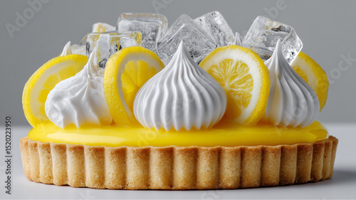 Close up of a lemon tart with meringue, lemon slices, and ice cubes against a plain background