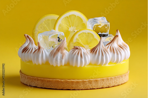 A lemon tart with meringue swirls lemon slices and ice cubes on a bright yellow background close up view