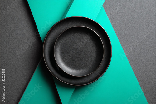 Two black plates stacked on a teal and gray geometric background in a top down studio shot close up