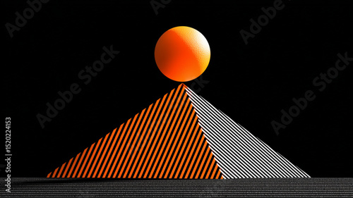 Orange sphere sitting atop a striped pyramid against a black background with horizontal lines