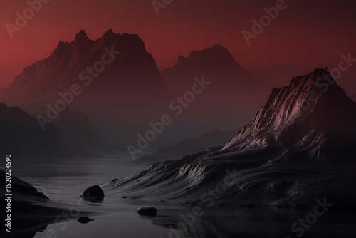 Crimson Twilight Over Darkened Peaks: A Tranquil, Otherworldly Mountainscape View