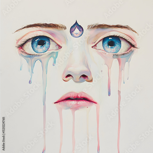 womans face dripping with tears and a third eye in a painted style