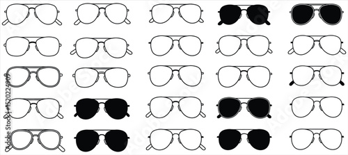 Comprehensive Vector Set of Diverse Sunglasses Styles and Shapes: Modern, Classic, and Retro Eyewear Designs for Fashion, Accessory, and Product Design Illustrations.