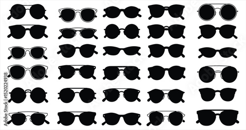 Comprehensive Vector Set of Diverse Sunglasses Styles and Shapes: Modern, Classic, and Retro Eyewear Designs for Fashion, Accessory, and Product Design Illustrations.