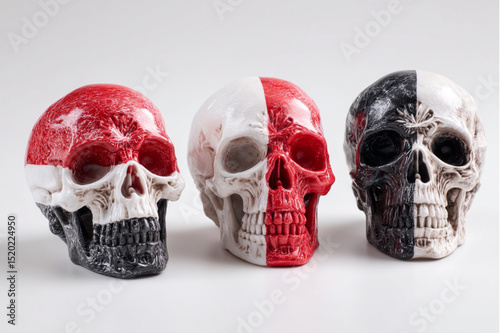Three decorative skulls with red white and black paint on a white background in a studio setting