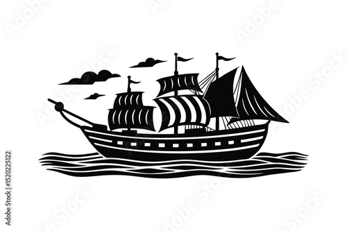 Pirate or sailing ship silhouette vector illustration on the ocean waves, a perfect nautical travel symbol