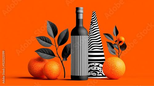 Still life with wine bottle, striped cone, oranges and black leaves on an orange background