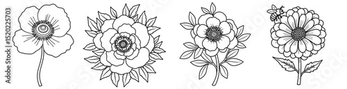Hand-drawn floral illustrations featuring various flower designs for coloring concept of children's coloring set  