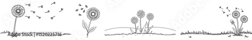 Dandelion illustrations with flying seeds representing seasonal allergies  