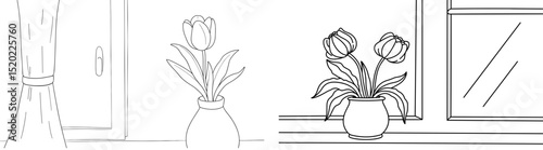 Tulips in vase on windowsill with curtains and natural light - Concept of Set of Children's Coloring Pages  