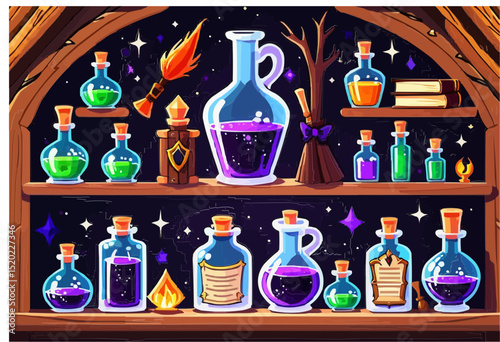 Shelf of Witchcraft Potions and Spells.