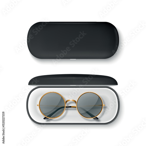 Vector 3D Realistic Round Sunglasses with Metal Frame and Hard Black Case. Stylish Vintage Eyeglasses in Open and Closed Protective Case. Design Template for Optics, Fashion, Eyewear Branding