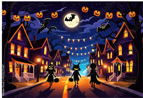 Spooky Halloween night with trick-or-treating kids and festive decorations.