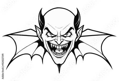 A menacing devil's face with sharp horns, bat wings, and a wicked smile.