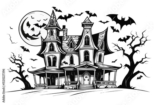 A spooky haunted house with bats and a full moon, perfect for Halloween.