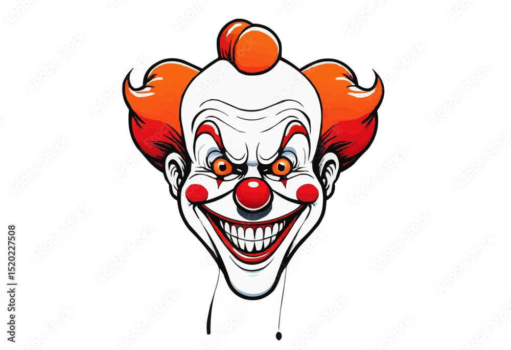 A menacing clown's sinister grin with orange hair and eerie expression.