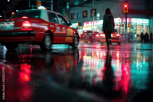A woman walks alone across a rain-soaked city street at night, with vivid red and cyan neon reflections. Ideal for dramatic scenes, nightlife visuals, and urban storytelling concepts