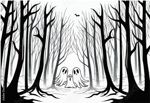 Spooky forest scene with three ghosts. 