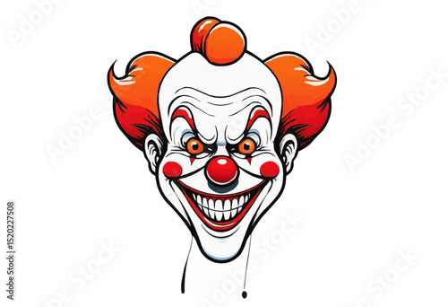 A menacing clown's sinister grin with orange hair and eerie expression.
