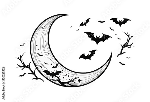 A captivating illustration of a crescent moon with silhouettes of bats flying around, evoking a sense of mystery and Halloween.