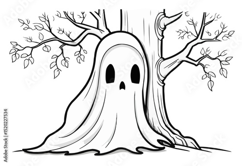 A whimsical illustration of a ghost-like figure appearing from behind the tree, perfect for Halloween. 
