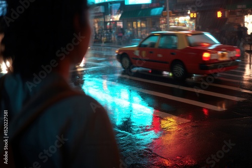 A blurry silhouette of a person stands by a neon-lit rainy street, watching a red taxi pass. Reflections and cinematic tones make it perfect for moody urban and travel visuals