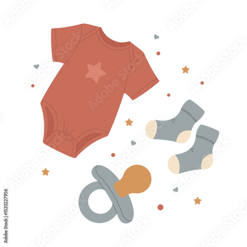 Cute baby clothes illustration with bodysuit, pacifier, and socks. Flat cartoon style with soft colors. Perfect for baby shower designs, prints, cards, or social media.