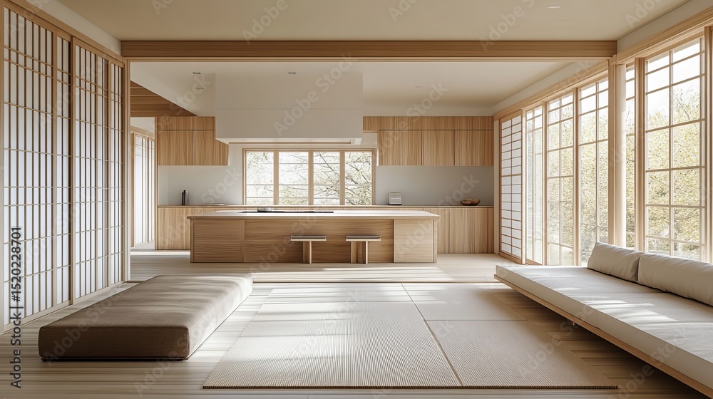 Obraz premium A minimalist Japandi space blends bleached wood and white. The kitchen features cabinets and an island; the living area includes a sofa, carpet, and paper sliding door