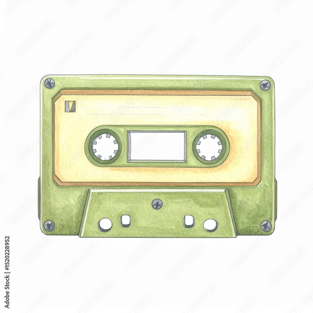 Obraz premium Green and Beige Watercolor Cassette Tape Illustration