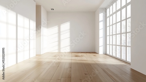 A minimalist, Japanese-inspired room.  Clean lines and empty wooden spaces define this 3D-rendered Muji-style interior.
 