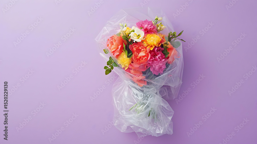Obraz premium Colorful Flower Bouquet Wrapped In Transparent Film On Purple Background