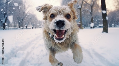 Joyful dog runs through snowy park with energy and fluffy fur, capturing a playful winter moment ideal for pet lifestyle, outdoor fun, or seasonal stories.
