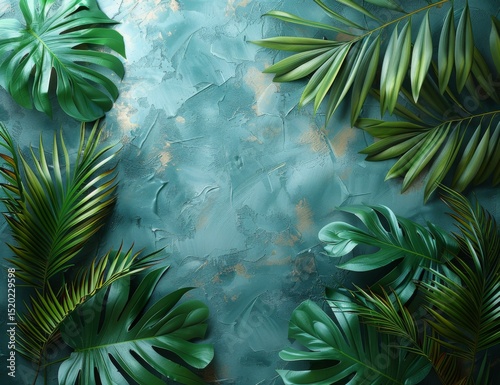 Botanical flatlay with green tropical leaves on textured blue background provides a stylish, minimal backdrop for natural design, spa, or summer content.