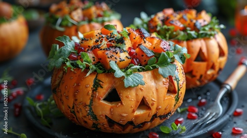 Carved pumpkin bowls filled with roasted vegetables and fresh greens make a delicious, festive autumn dish perfect for healthy Halloween food content.