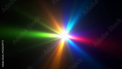 Brilliant white light explodes into vibrant rainbow spectrum rays against dark background. Dynamic prismatic burst creates cinematic lens flare effect with smooth color transition and radial energy.
