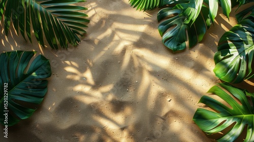 Tropical palm leaves cast bold shadows on golden sand, creating a bright summer flatlay perfect for vacation, beach design, and exotic natural backgrounds.
