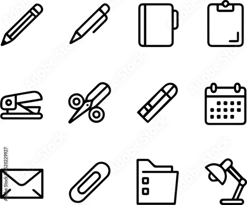 Simple black line icons set office supplies stationery design elements pen lamp tool work pencil eraser folder
