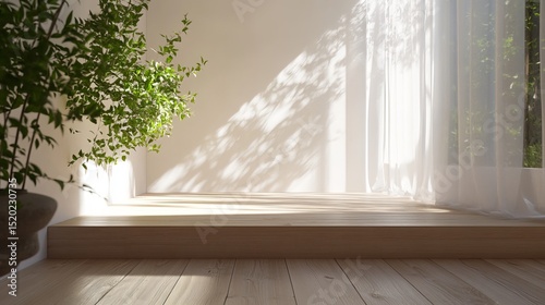 A simple, white-walled room features a raised wooden floor and a green plant.  Rendered in 3D.
 
