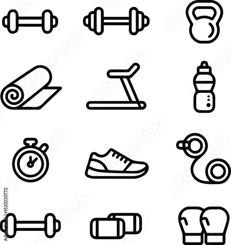 Fitness icons set gym equipment workout exercise training graphics mat yoga jump rope line water shoes sport