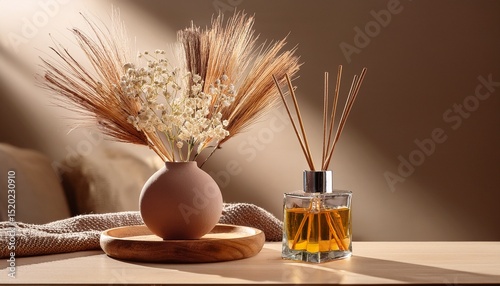 beautiful interior composition with dried flowers and aroma reed diffuser