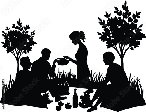 family picnic in meadow silhouette, joyful picnic scene silhouette