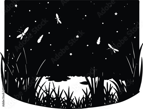 fireflies above pond silhouette, summer fireflies scene silhouette