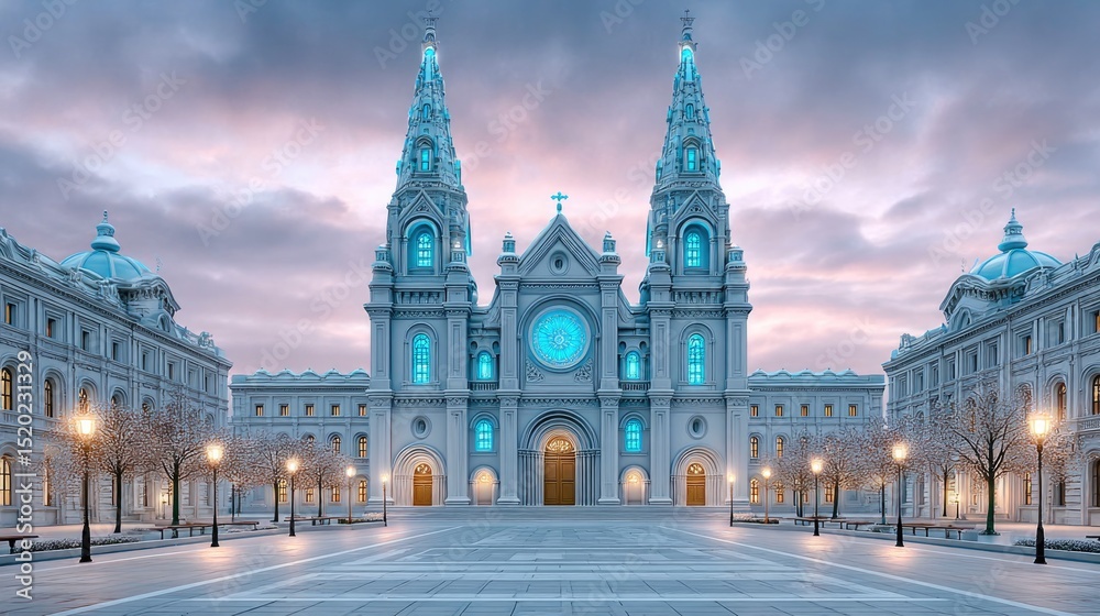 Obraz premium Stunning Neo-Gothic Cathedral with Blue Illuminated Windows