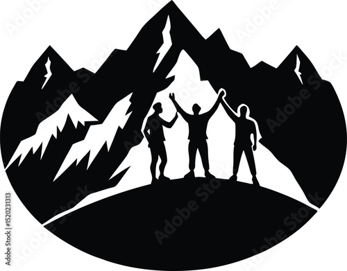 friends at mountain summit silhouette, group at high peak silhouette